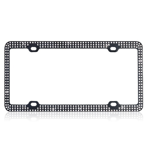 Black Metal License Plate Frame with Triple Row Clear Crystals